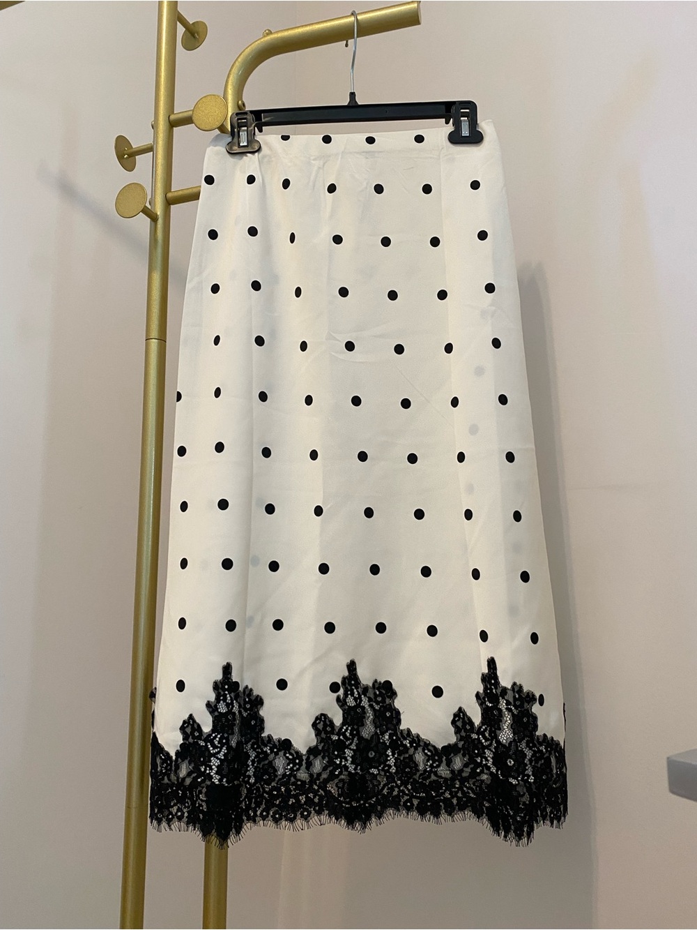 White Polka Dot Midi Skirt with Black Lace Trim